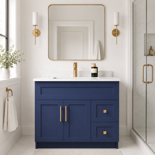 Bathroom with a blue vanity, gold fixtures, and a large mirror.