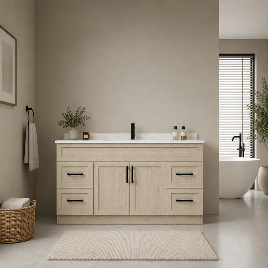 Bathroom with wooden vanity, sink, and bathtub.