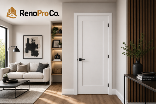 Modern 1 panel shaker interior door in a contemporary Toronto home featuring a solid core pre-hung door, black lever handle, premium millwork, and modern interior design for Vaughan and GTA homeowners.