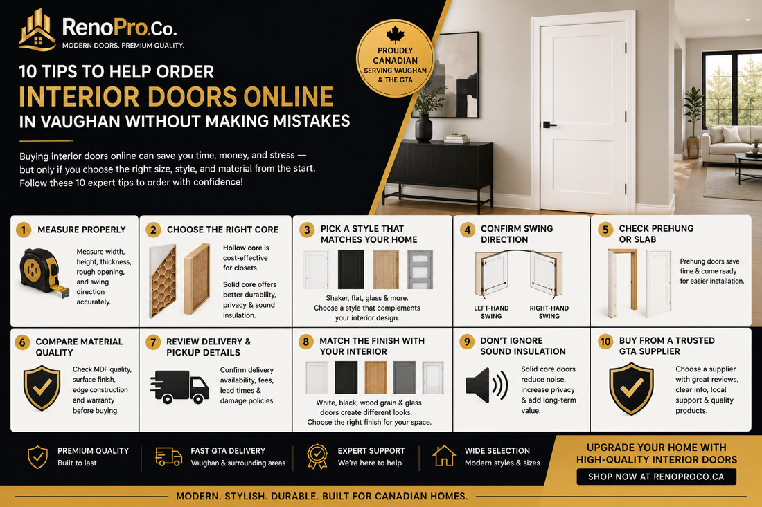 Interior doors online in Vaughan infographic featuring shaker doors, solid core doors, prehung doors, and modern interior door buying tips for GTA homeowners.