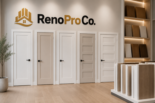Modern interior door showroom with premium white shaker and solid core pre-hung doors featuring the RenoProCo logo in Toronto and the GTA.