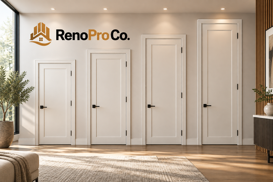 RenoPro Co. interior door display featuring four modern shaker doors in different heights, showcasing 80, 84, 90, and 96-inch door options in a stylish modern home In Vaughan and GTA