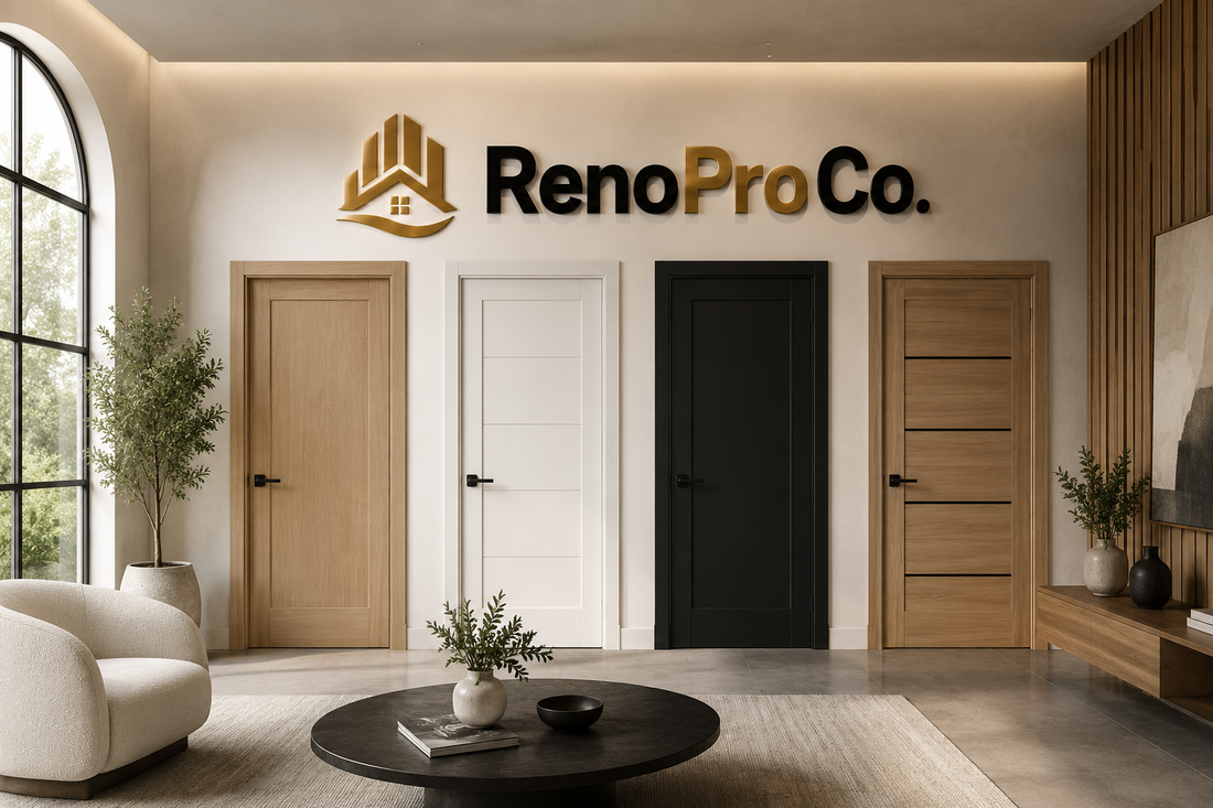 Modern interior door showroom featuring premium white shaker, black, and natural wood interior doors with the RenoPro Co logo, showcasing contemporary home design and quality interior door solutions for homeowners across Toronto and the GTA.