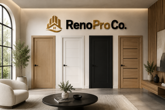 Modern interior door showroom featuring premium white shaker, black, and natural wood interior doors with the RenoPro Co logo, showcasing contemporary home design and quality interior door solutions for homeowners across Toronto and the GTA.