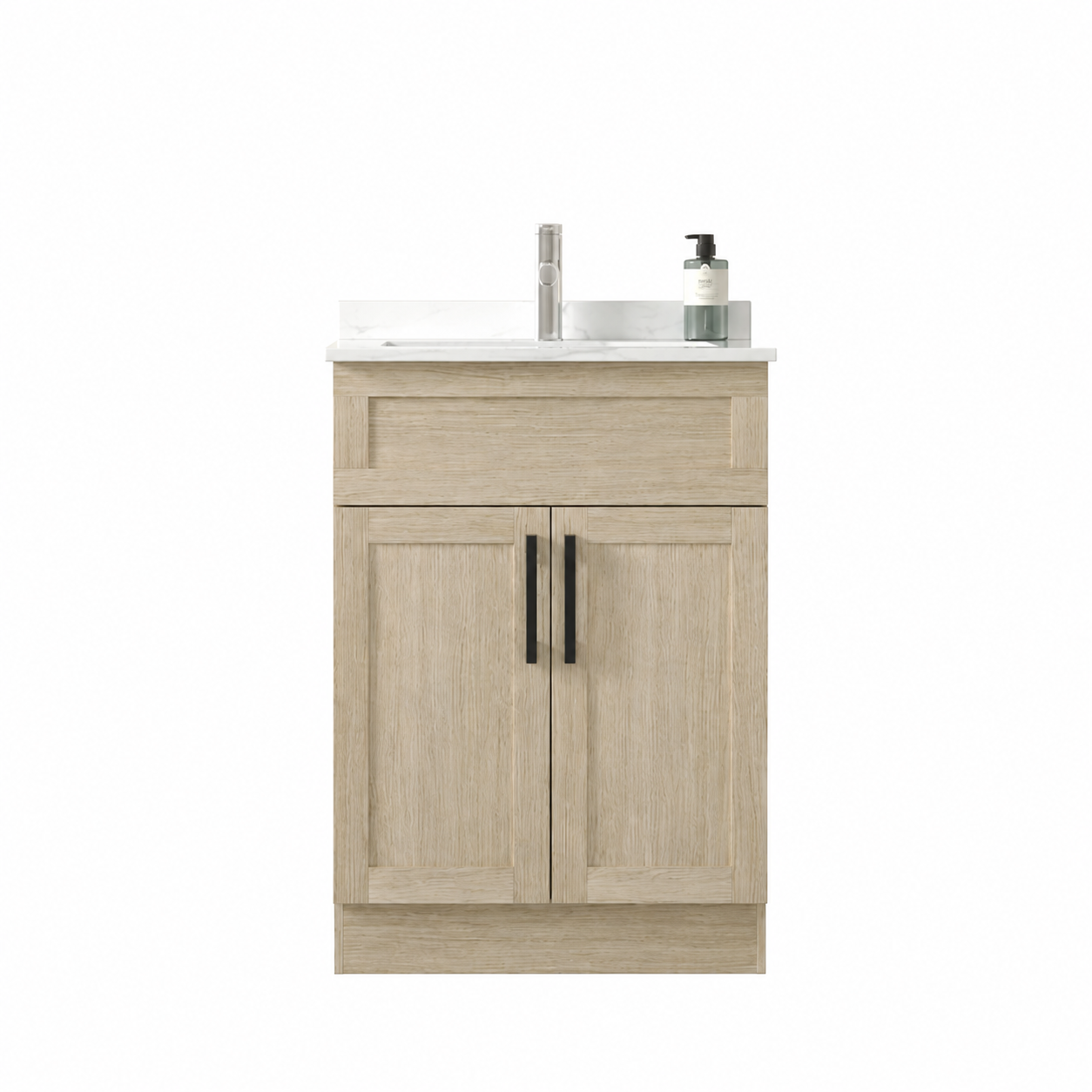 Beige bathroom vanity with white countertop and black fixtures on a white background