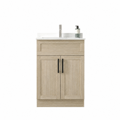 Beige bathroom vanity with white countertop and black fixtures on a white background