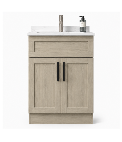 Bathroom vanity with two doors, a countertop, and fixtures on a white background