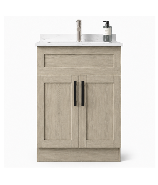 Bathroom vanity with two doors, a countertop, and fixtures on a white background