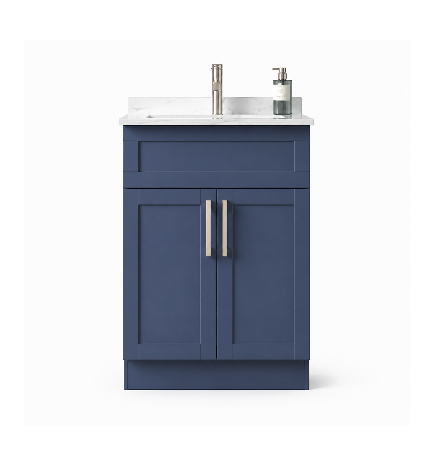 Blue bathroom vanity with white countertop and silver fixtures on a white background