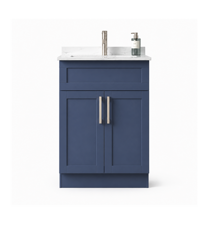 Blue bathroom vanity with white countertop and silver fixtures on a white background