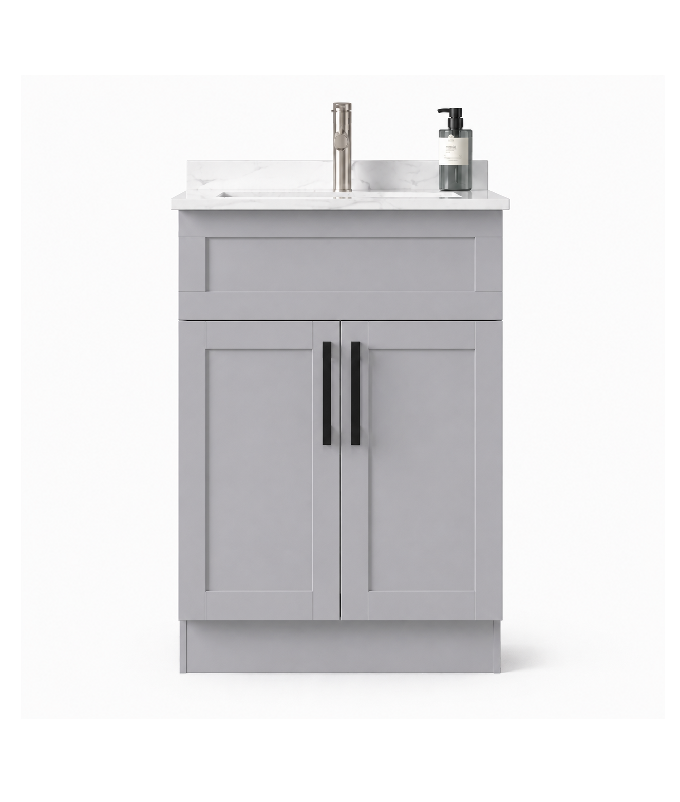 Gray bathroom vanity with white countertop and black handles on a white background
