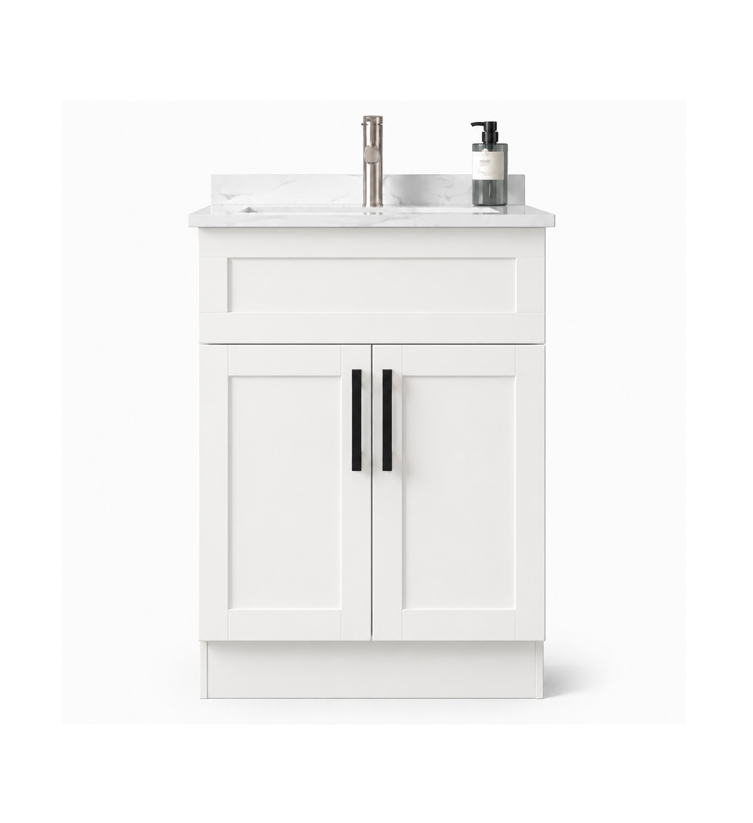 White bathroom vanity with sink and accessories on a white background