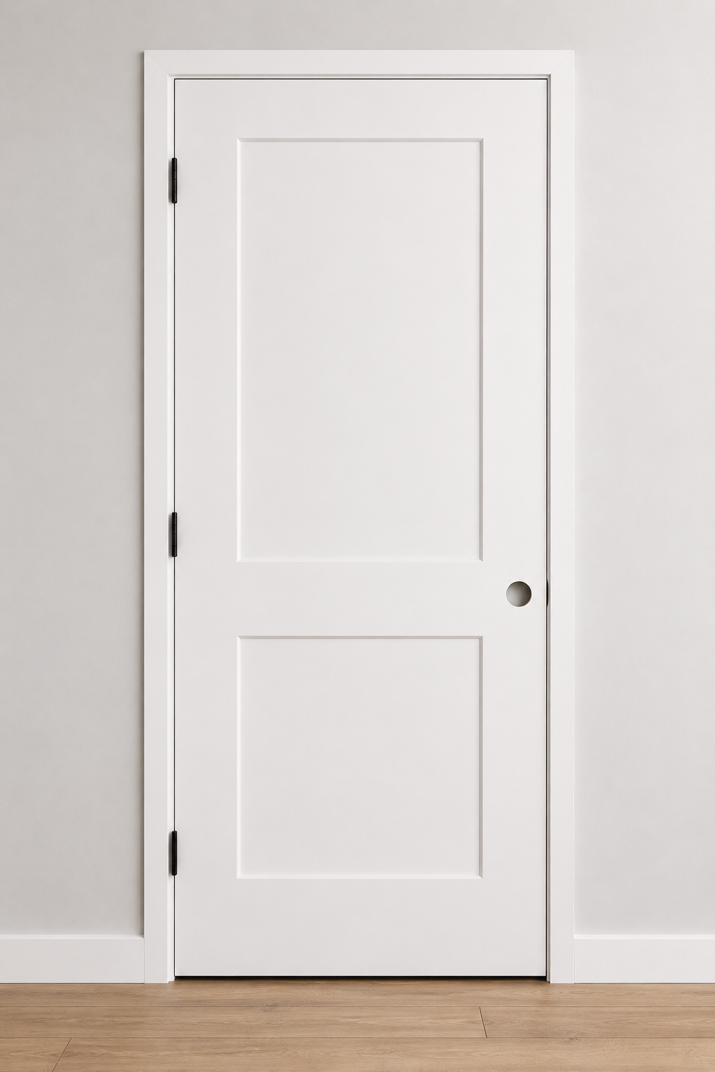 White door with two panels on a gray wall.