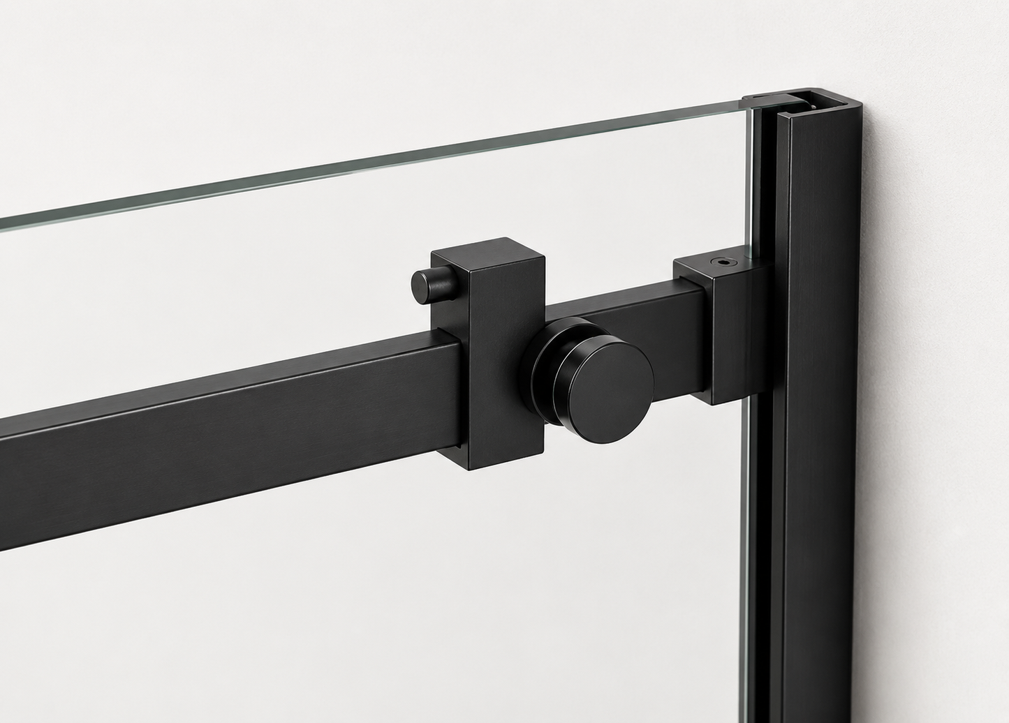 Glass door with black frame and handle on a white background