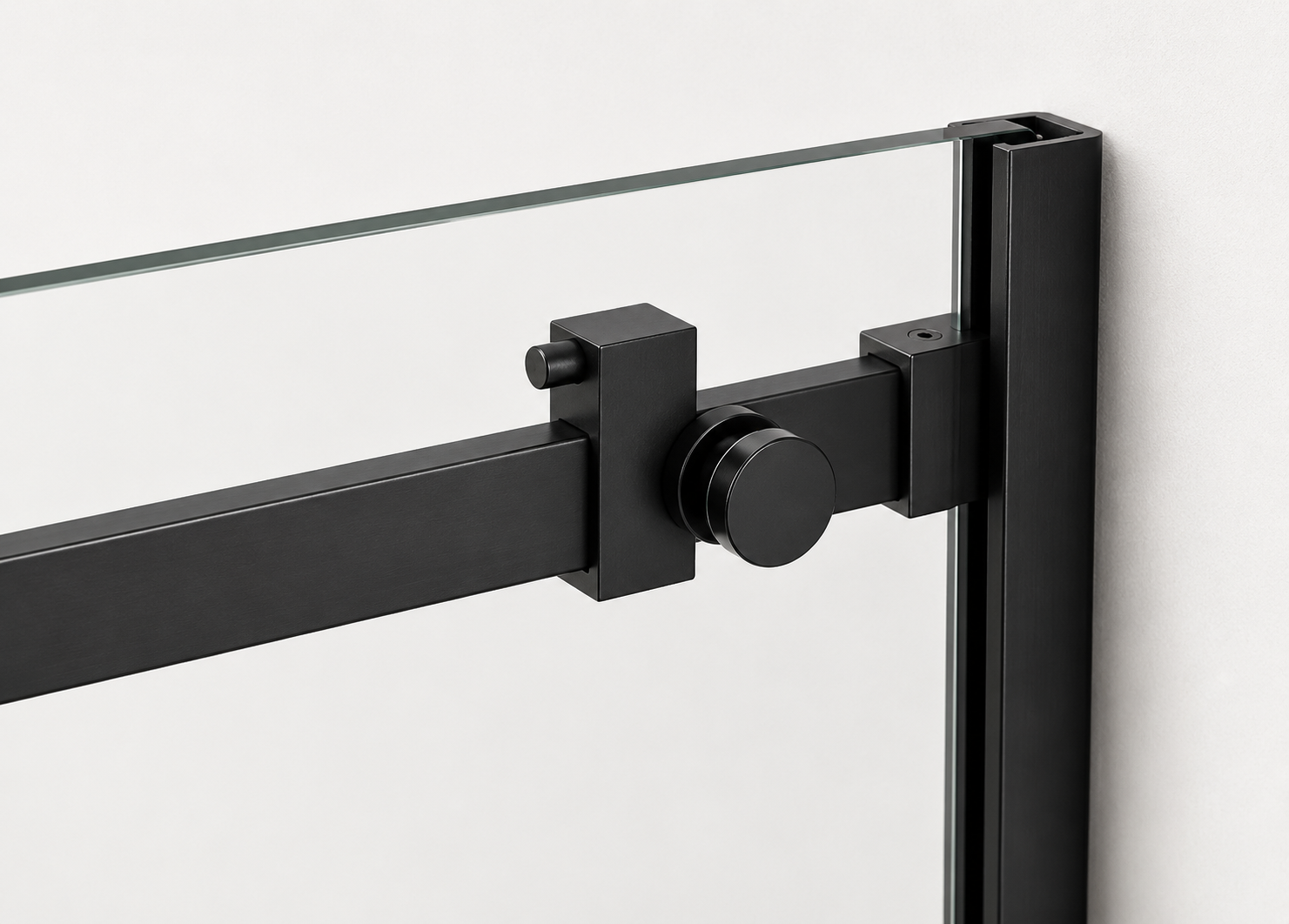 Glass door with black frame and handle on a white background