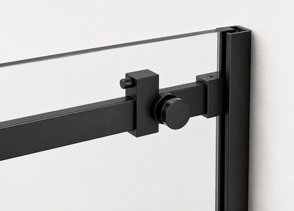 Glass door with black frame and handle on a white background