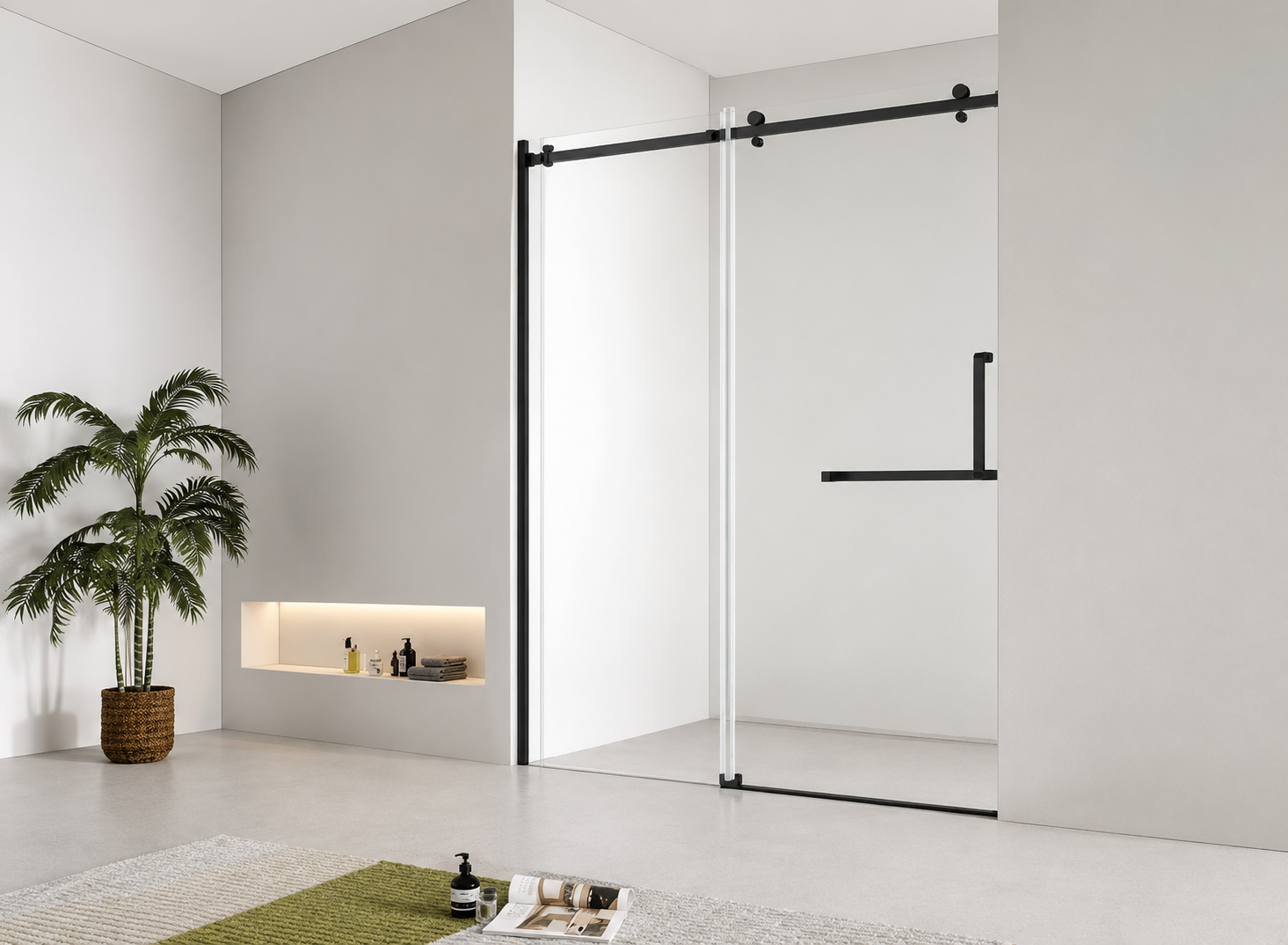 Modern sliding glass door in a minimalistic interior setting with a plant and decorative items.