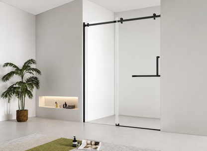 Modern sliding glass door in a minimalistic interior setting with a plant and decorative items.