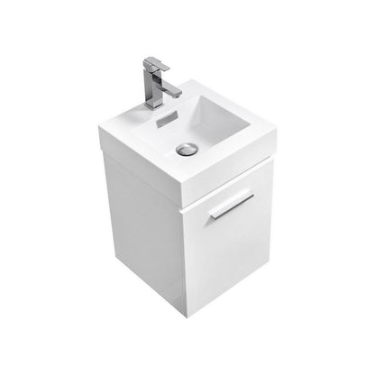Bliss Wallmount Modern Vanity in Gloss White with white acrylic sink and chrome faucet, floating bathroom vanity