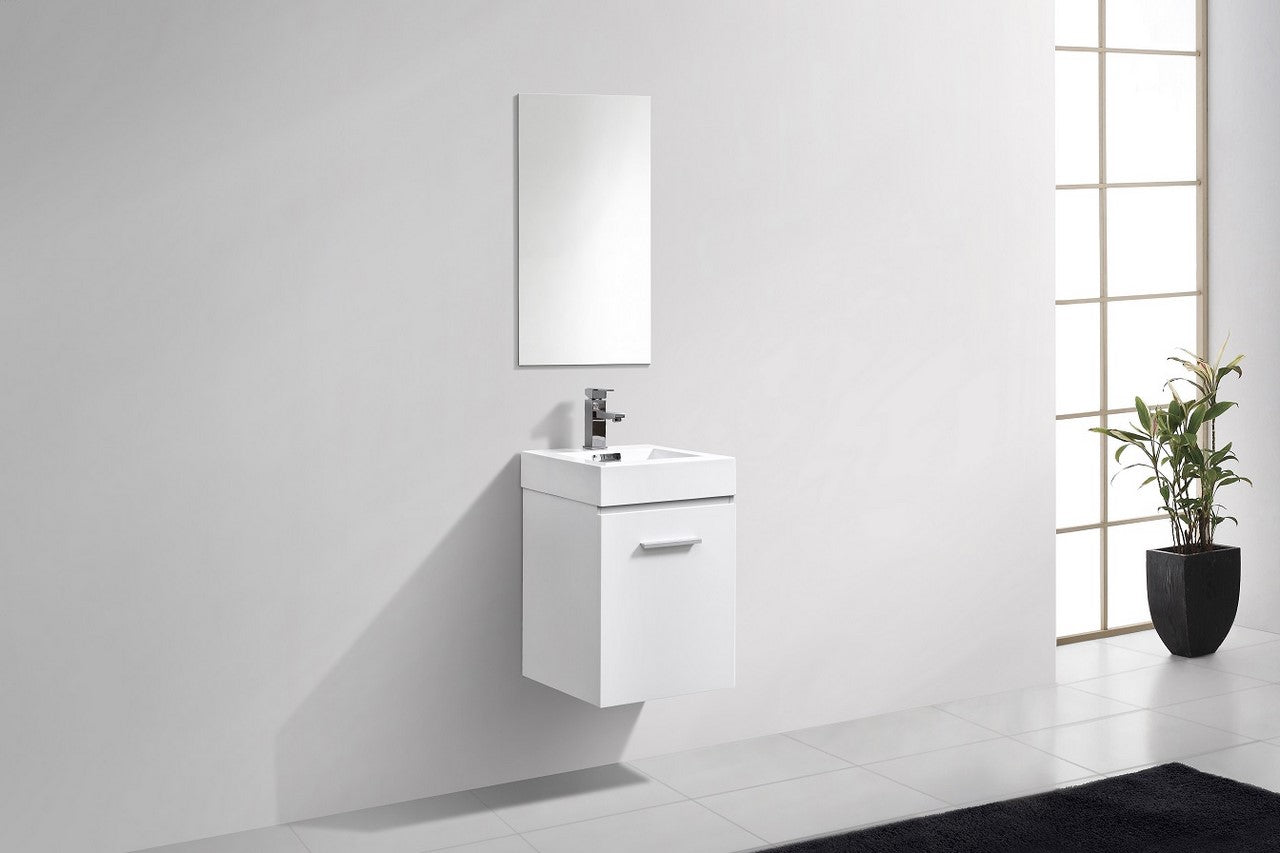 Bliss Wallmount Modern Vanity in Gloss White with white acrylic sink and matching mirror, floating bathroom vanity for modern bathrooms