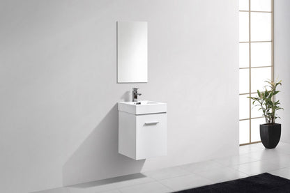 Bliss Wallmount Modern Vanity in Gloss White with white acrylic sink and matching mirror, floating bathroom vanity for modern bathrooms