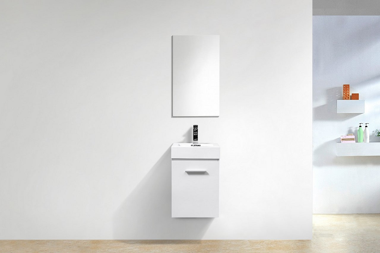 Bliss Wallmount Modern Vanity in Gloss White with white acrylic sink and matching mirror, floating bathroom vanity for Toronto and GTA homes