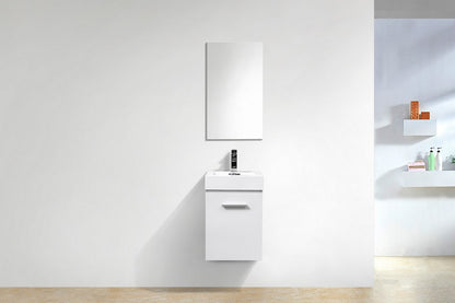 Bliss Wallmount Modern Vanity in Gloss White with white acrylic sink and matching mirror, floating bathroom vanity for Toronto and GTA homes