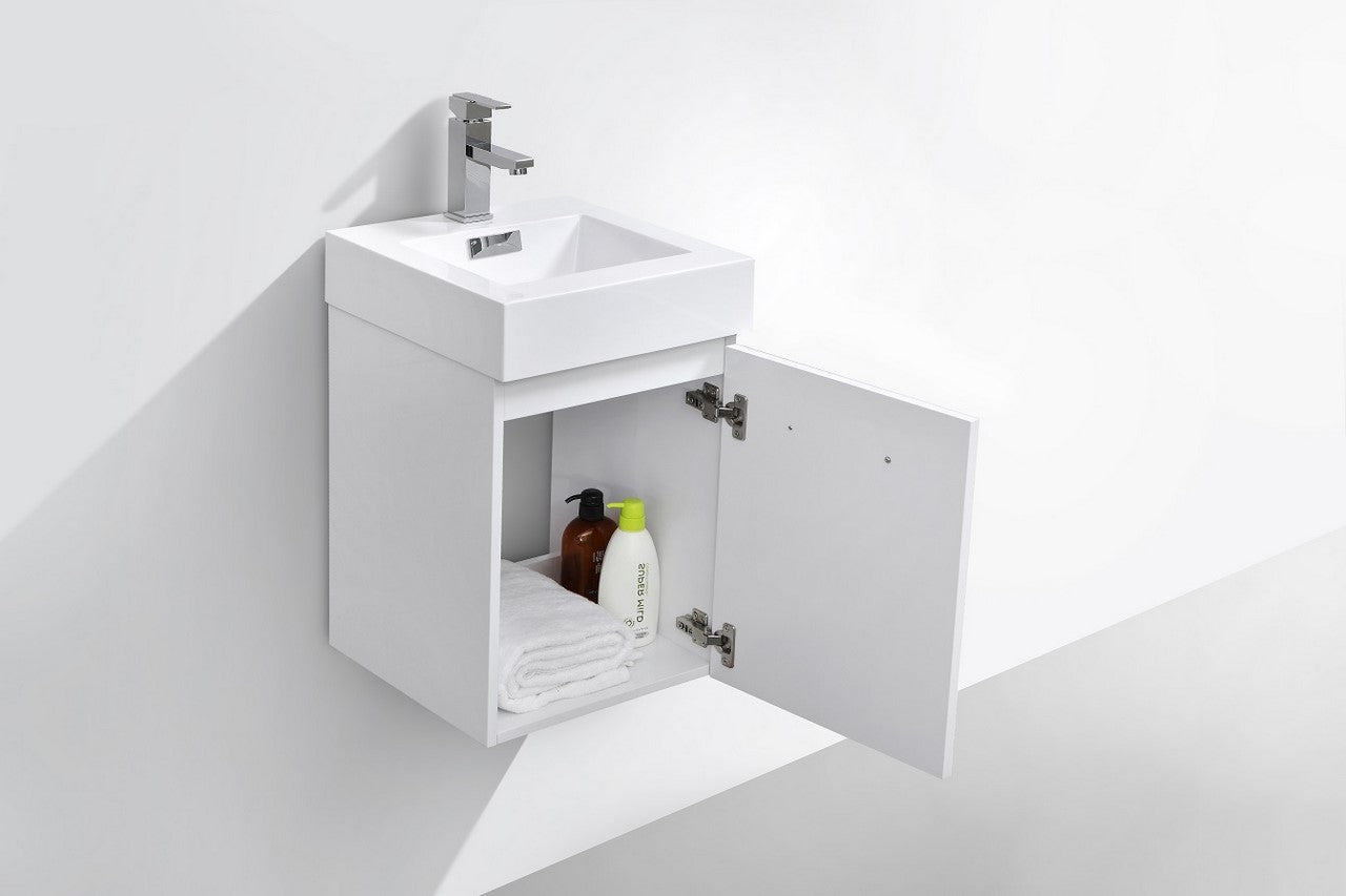 Bliss Wallmount Modern Vanity in Gloss White with white acrylic sink and open storage cabinet, floating bathroom vanity for Toronto and GTA homes