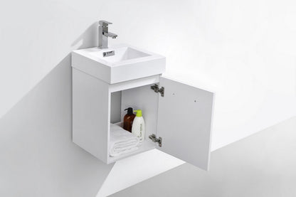 Bliss Wallmount Modern Vanity in Gloss White with white acrylic sink and open storage cabinet, floating bathroom vanity for Toronto and GTA homes