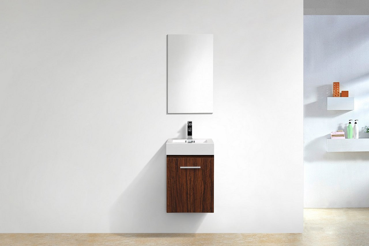 Modern walnut floating bathroom vanity with white acrylic sink, chrome faucet and frameless mirror, compact wall-mounted vanity for contemporary bathrooms