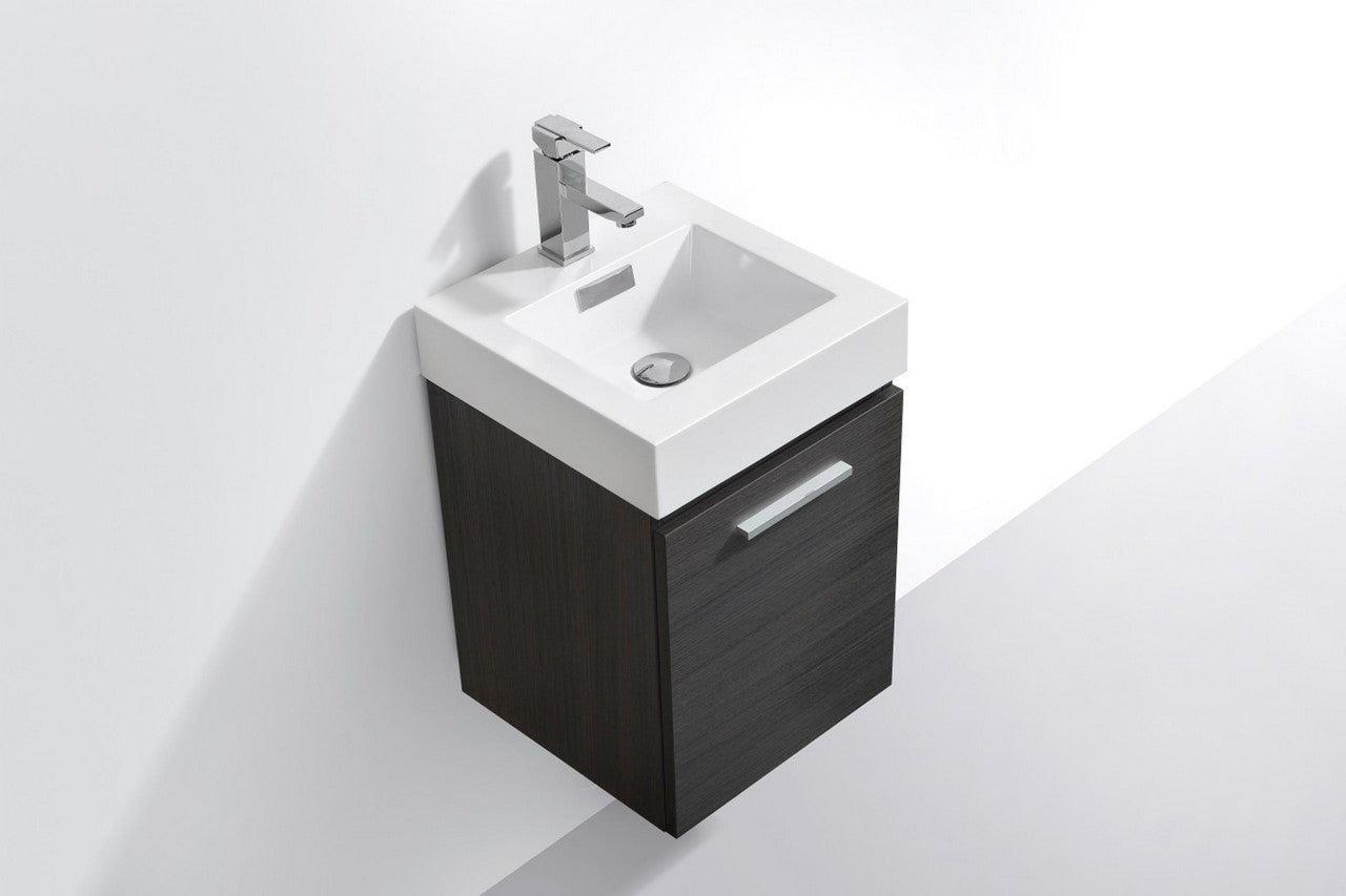 Close-up of Bliss Wallmount Modern Vanity in Grey Oak with white ceramic sink and chrome faucet, floating bathroom vanity for Toronto and GTA homes