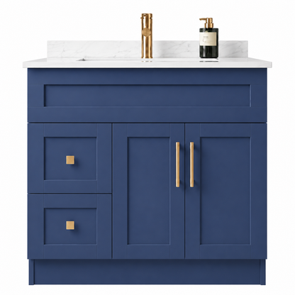 Blue bathroom vanity with Quartz countertop, gold fixtures, and a bottle of soap.