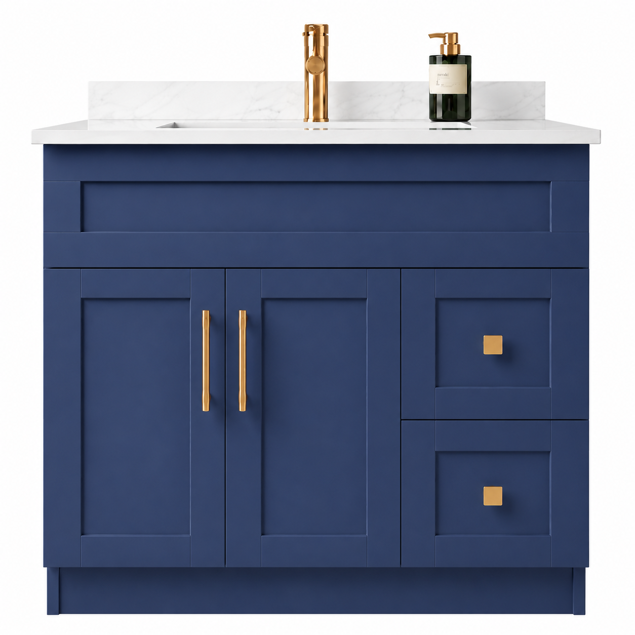 Blue bathroom vanity with white countertop, gold fixtures, and a bottle of soap.