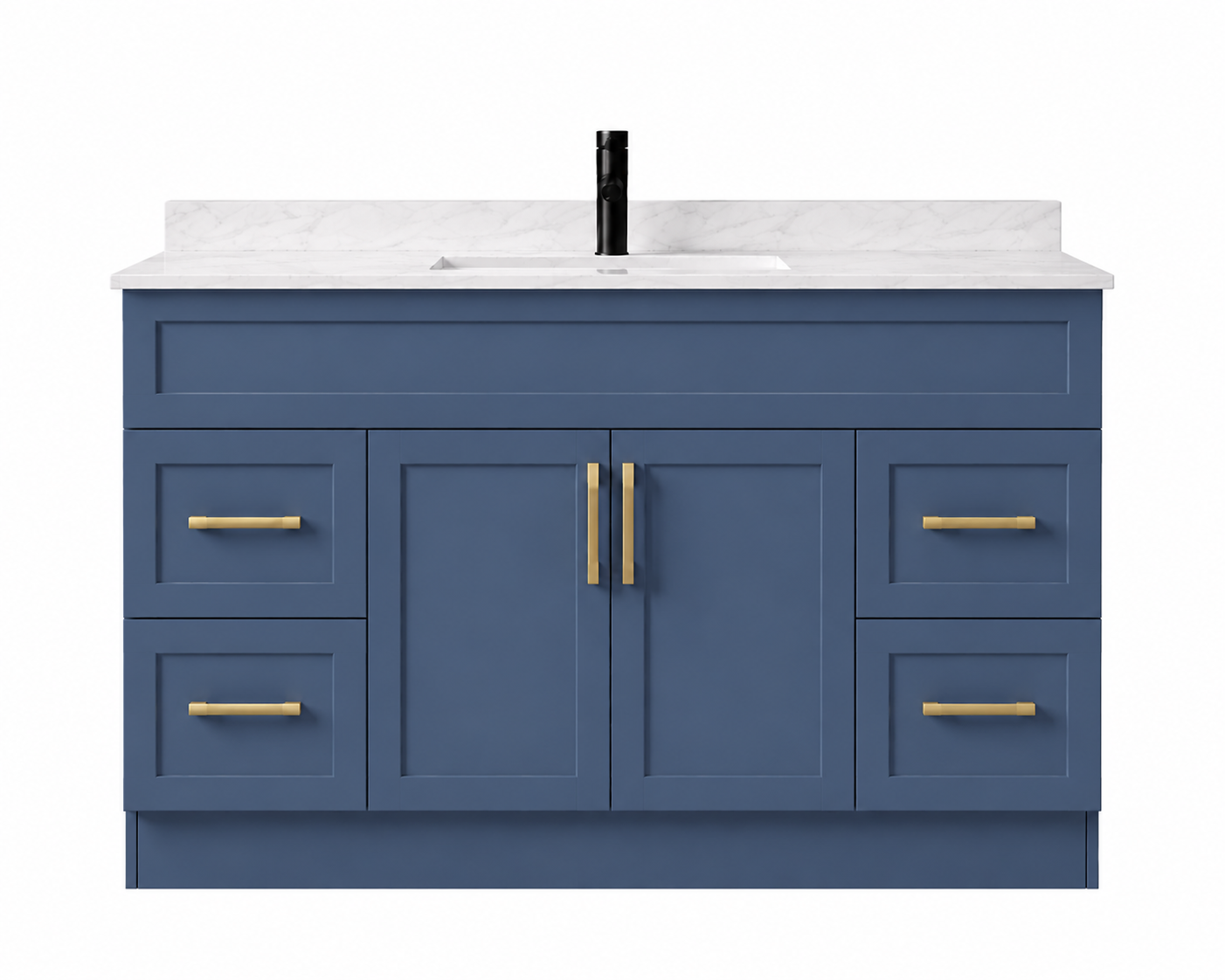 Blue bathroom vanity with white countertop and gold handles on a white background