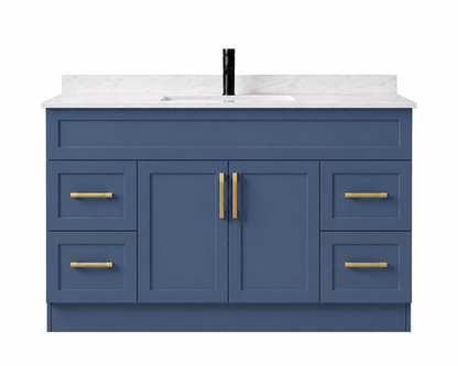 Blue bathroom vanity with white countertop and gold handles on a white background
