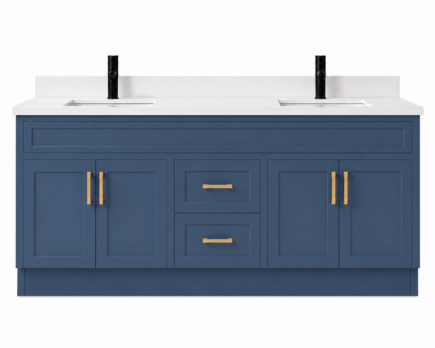 Blue bathroom vanity with white countertop and gold handles on a white background