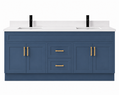 Blue bathroom vanity with white countertop and gold handles on a white background