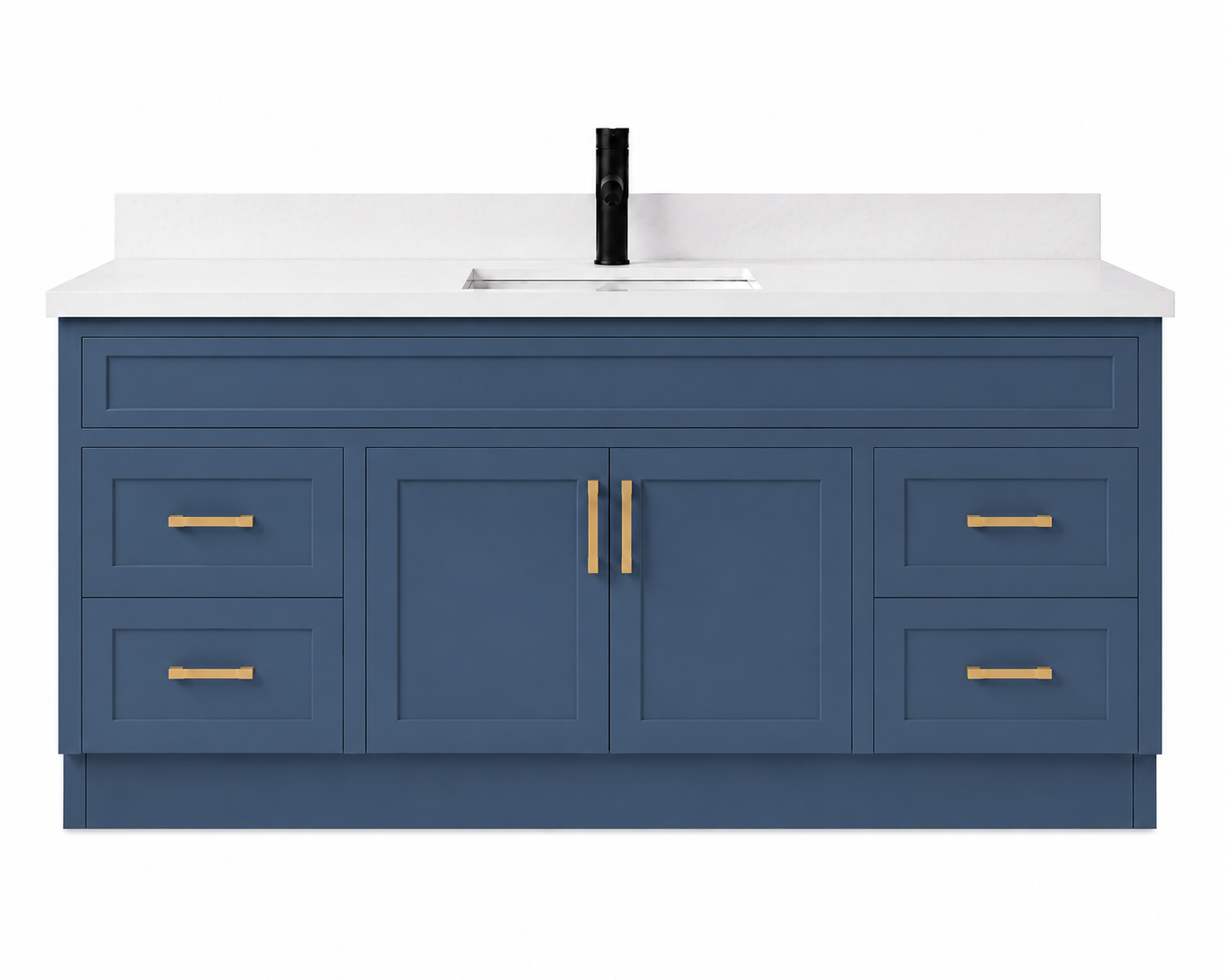 Blue bathroom vanity with white countertop and gold handles on a white background