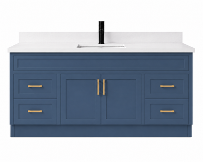 Blue bathroom vanity with white countertop and gold handles on a white background