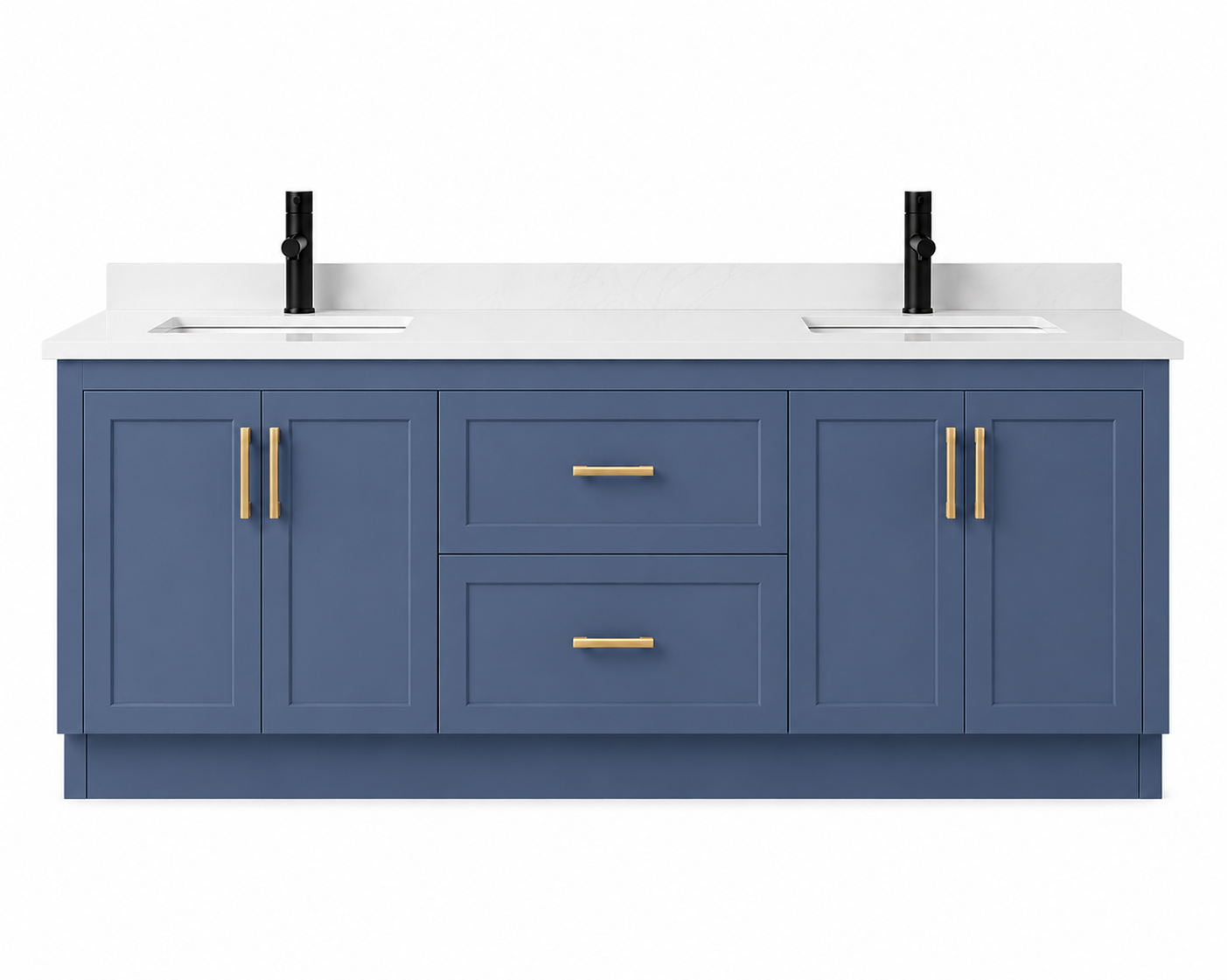 Blue bathroom vanity with white countertop and gold handles on a white background