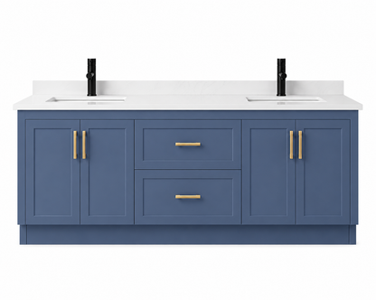 Blue bathroom vanity with white countertop and gold handles on a white background