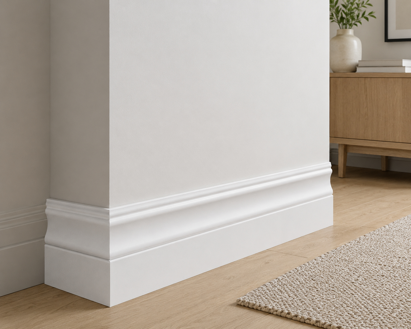 Close-up of a white baseboard in a room with wooden flooring and a piece of furniture.