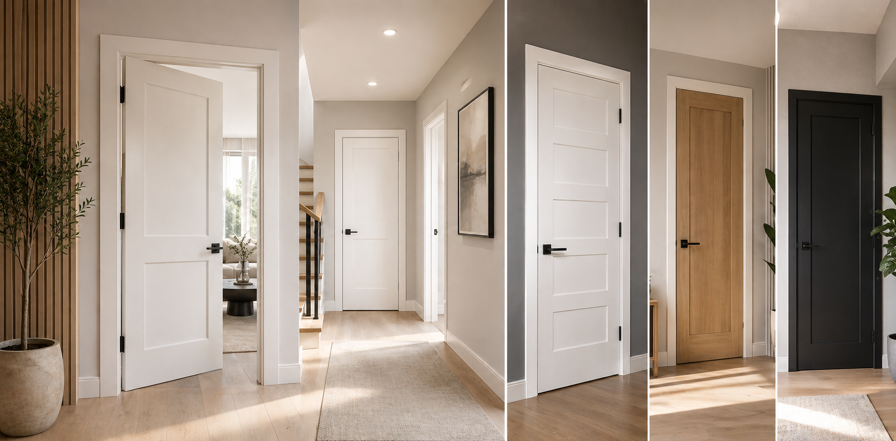Collage of four different interior door designs in a home setting.
