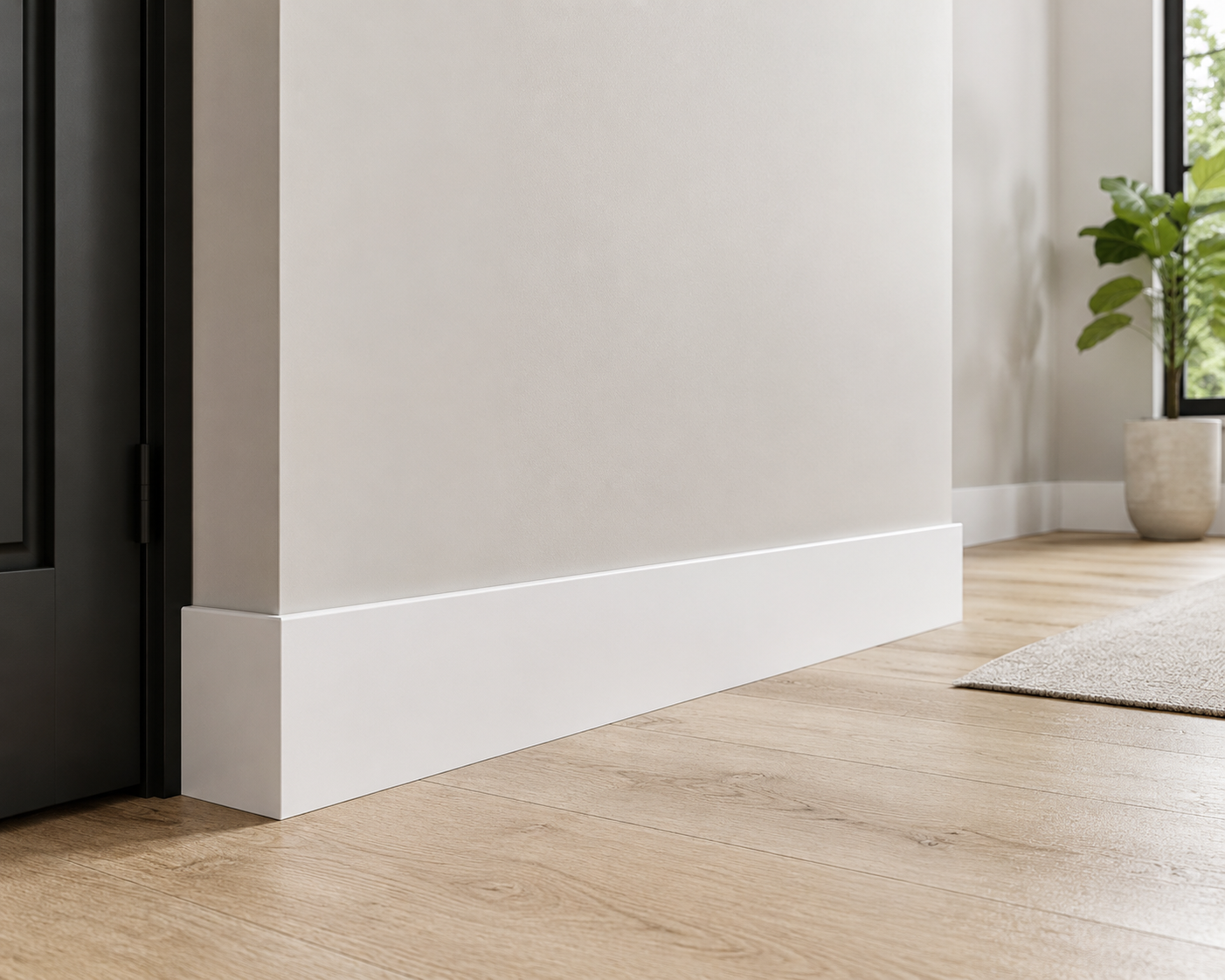 Close-up of a white baseboard in a room with a window and plant.