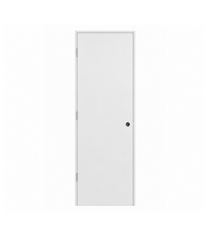 White flat solid core pre-hung interior door with a smooth flush panel design, white primed finish, black round privacy lock, and silver hinges, isolated on a clean white background. Modern minimalist interior door ideal for residential homes, renovations, and new construction in Toronto, Vaughan, Richmond Hill, Markham, Mississauga, Brampton, Oakville, and the GTA.