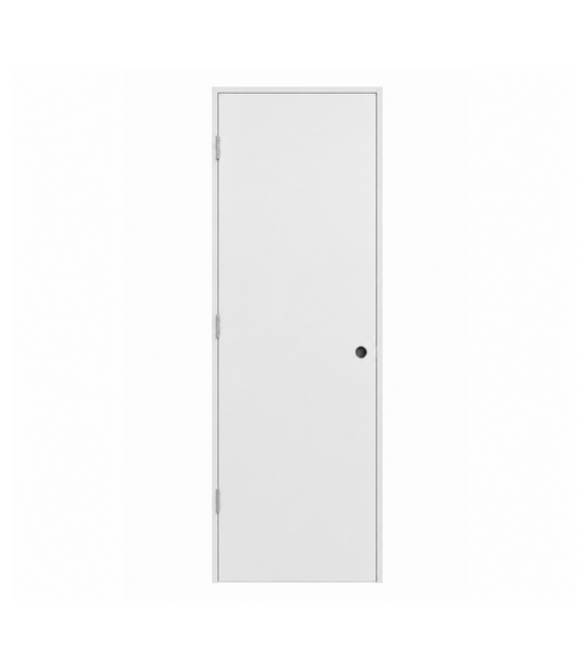 White flat solid core pre-hung interior door with a smooth flush panel design, white primed finish, black round privacy lock, and silver hinges, isolated on a clean white background. Modern minimalist interior door ideal for residential homes, renovations, and new construction in Toronto, Vaughan, Richmond Hill, Markham, Mississauga, Brampton, Oakville, and the GTA.