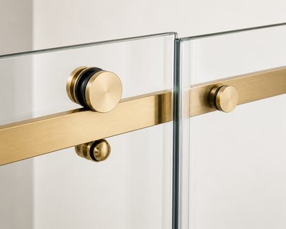 Glass door with gold hardware on a white background