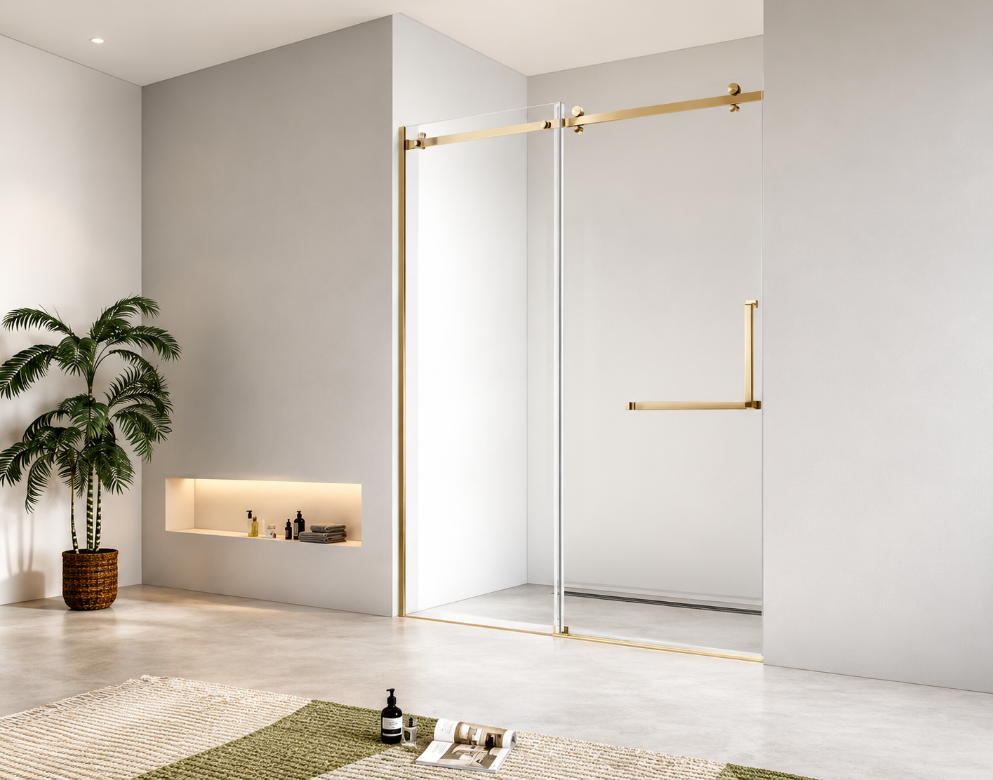 Modern bathroom with a glass shower enclosure, plant, and minimal decor.