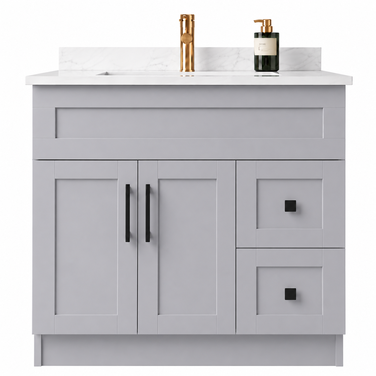Gray bathroom vanity with Quartz countertop, gold faucet, and black fixtures on a white background