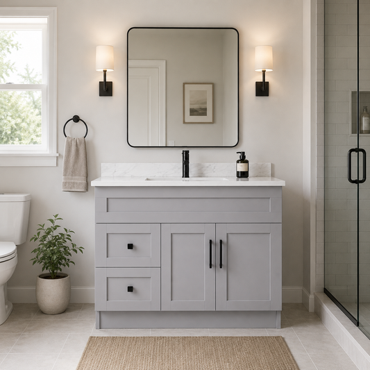 Light Grey MDF Vanity Left Side Drawers In Bathroom